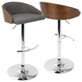 Shiraz Mid-Century Modern Adjustable Barstool with Swivel in Walnut and Grey Fabric by LumiSource - Set of 2