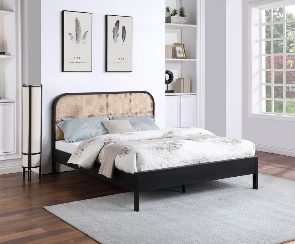 Siena Ash Veneer / Engineered Wood / Natural Cane Mid-Century Modern Black Ash Wood Full Bed (3 Boxes) - 57" W x 80.5" D x 43" H