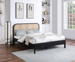 Siena Ash Veneer / Engineered Wood / Natural Cane Mid-Century Modern Black Ash Wood Queen Bed (3 Boxes) - 63" W x 85.5" D x 43" H