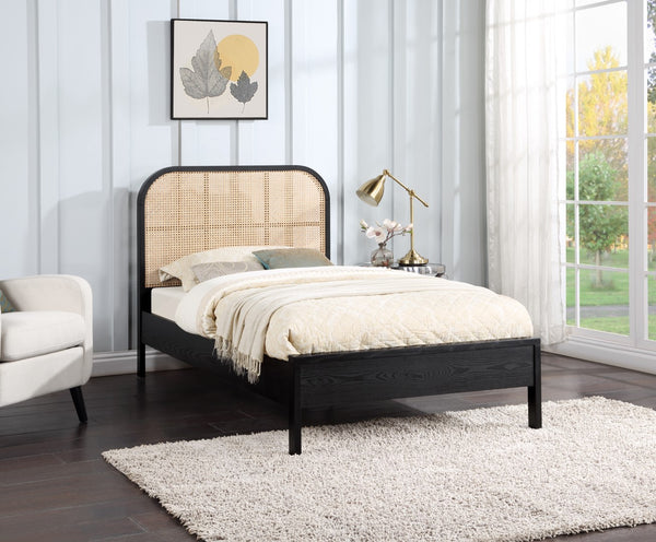 Siena Ash Veneer / Engineered Wood / Natural Cane Mid-Century Modern Black Ash Wood Twin Bed (3 Boxes) - 42" W x 80.5" D x 43" H