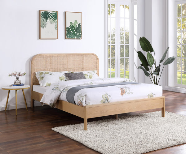 Siena Ash Veneer / Engineered Wood / Natural Cane Mid-Century Modern Natural Ash Wood Full Bed (3 Boxes) - 57" W x 80.5" D x 43" H