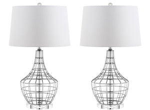 Olga Contemporary Table Lamp Set of 2 - Modern Industrial Chic with Silver Metal and Cotton Shade