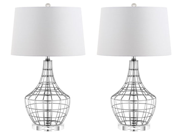Olga Contemporary Table Lamp Set of 2 - Modern Industrial Chic with Silver Metal and Cotton Shade