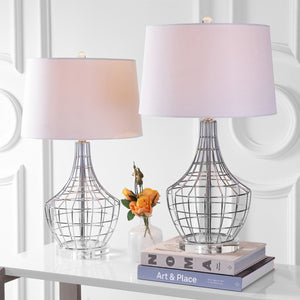 Olga Contemporary Table Lamp Set of 2 - Modern Industrial Chic with Silver Metal and Cotton Shade