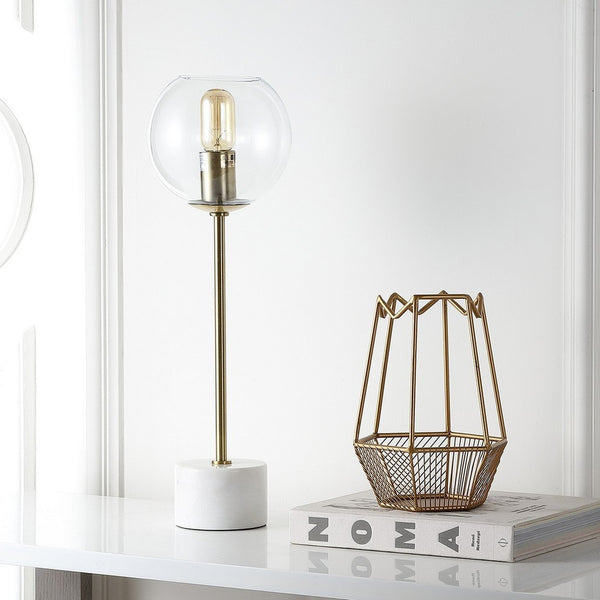Caden Contemporary Table Lamp - Luxe Brass Gold & White Marble Design with Vintage-Style Globe