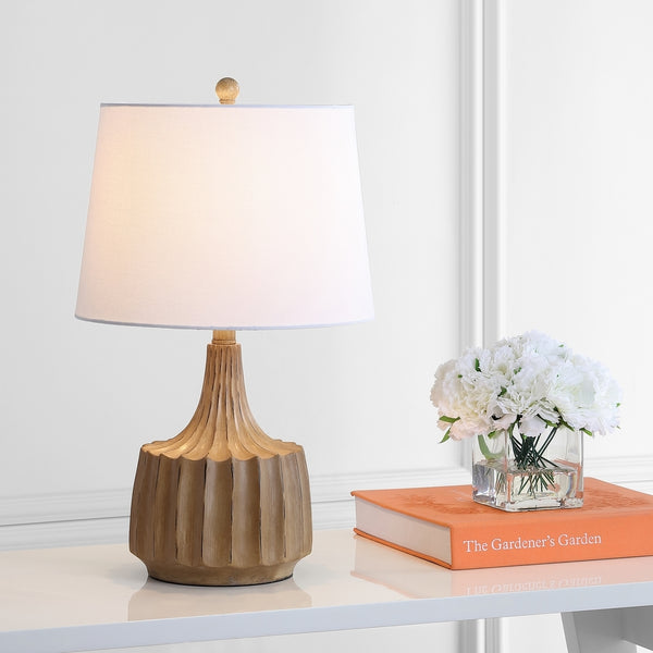 Shiloh Table Lamp - Luxurious Vintage Style with Warm Wood Finish, Off-White Cotton Shade & Sculptural Design