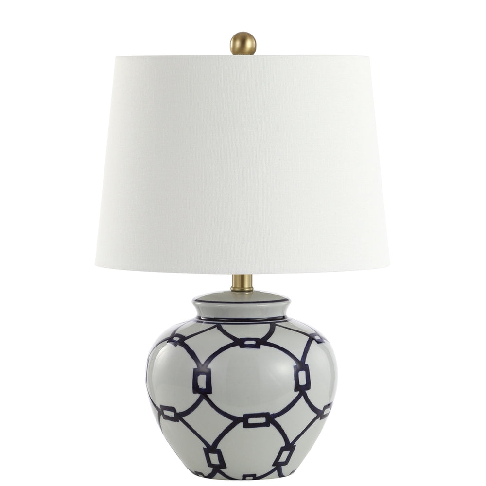 Anders Ceramic Table Lamp with Blue Geometric Design, Brass Finish & Off-White Cotton Shade