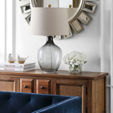 Larzen Table Lamp - Ombre Grey Glass with Artistic Drum Shade, Brass Accents for Elegant Décor