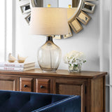 Larzen Table Lamp - Ombre Grey Glass with Artistic Drum Shade, Brass Accents for Elegant Décor