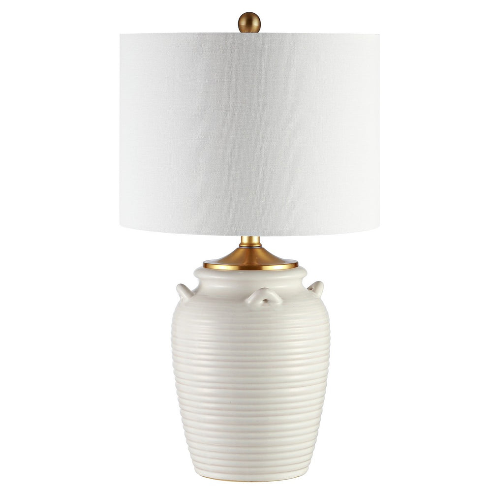 Lener Table Lamp - Elegant Ivory Ceramic Design with Gold Accents and Off-White Drum Shade, 24" Tall