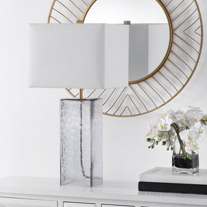 Memris Table Lamp - Coastal Grey Glass Design with Crisp White Shade for Serene Home Ambiance