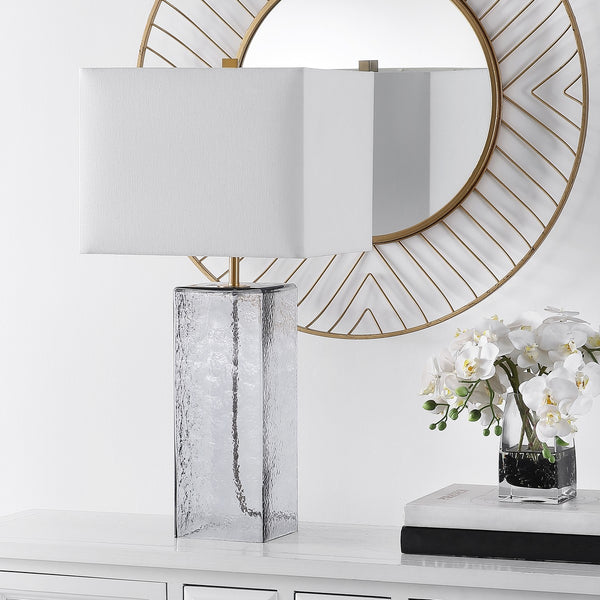 Memris Table Lamp - Coastal Grey Glass Design with Crisp White Shade for Serene Home Ambiance