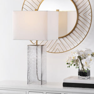 Memris Table Lamp - Coastal Grey Glass Design with Crisp White Shade for Serene Home Ambiance