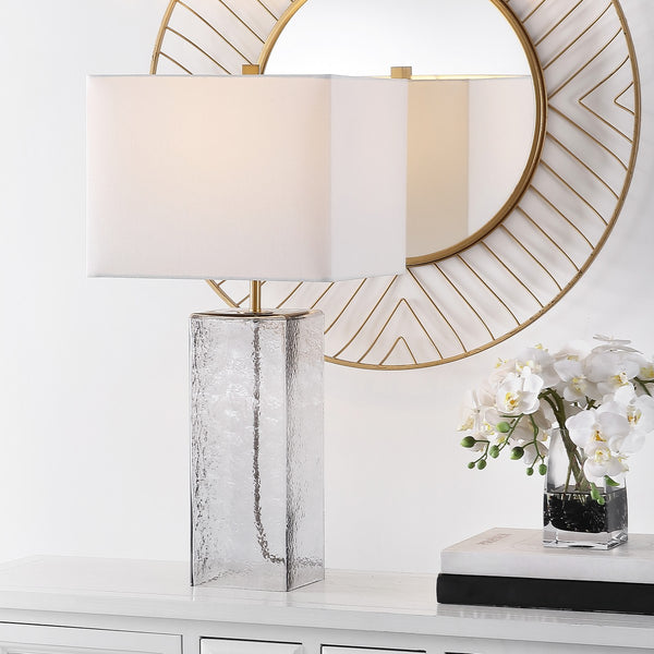 Memris Table Lamp - Coastal Grey Glass Design with Crisp White Shade for Serene Home Ambiance