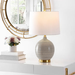 Kremp Table Lamp - Striated Grey Ceramic Design with USB Port & Elegant White Shade for Modern Décor