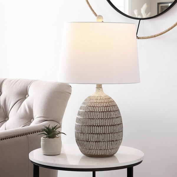 Dewlen Table Lamp - Timeless Boho Gourd Design in Brown and White Resin with Elegant Accent Details