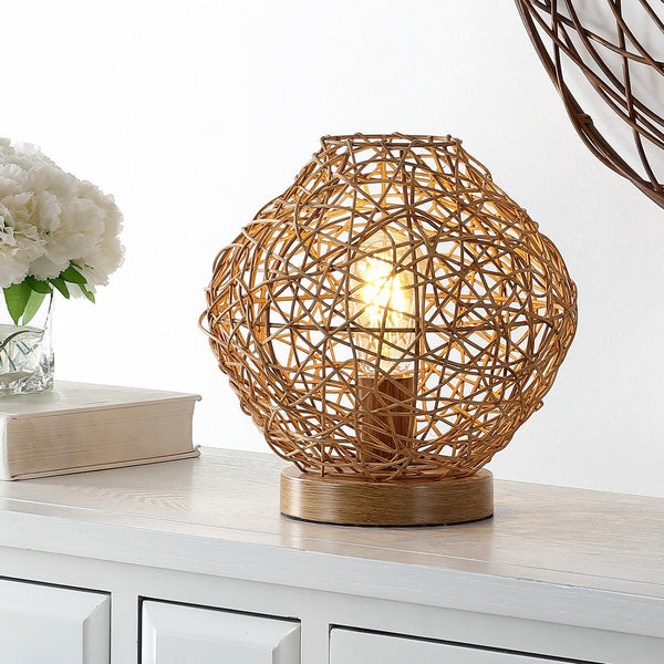 Caldera Table Lamp - Elegant Boho-Chic Rattan Design with Intriguing Light Play and Metal Base