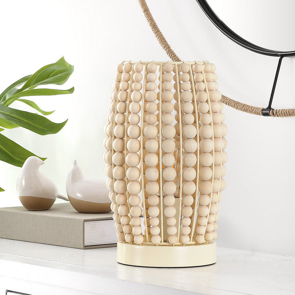 Darrow Table Lamp - Cream Wood Bead Design for Boho & Contemporary Homes, Warm Glow & Style