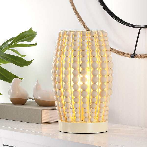 Darrow Table Lamp - Cream Wood Bead Design for Boho & Contemporary Homes, Warm Glow & Style