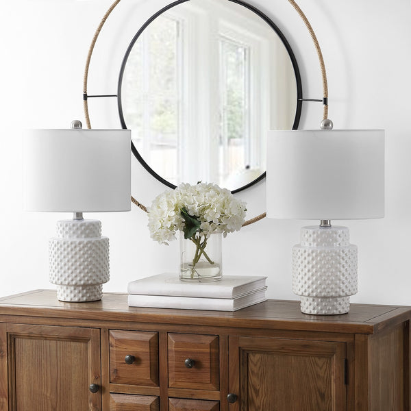 Sonter Table Lamp Set of 2 - Elegant Geometric Design in White Poly-Resin, Perfect for Any Room