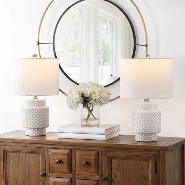 Sonter Table Lamp Set of 2 - Elegant Geometric Design in White Poly-Resin, Perfect for Any Room