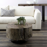 Clover Coffee Table, Chamcha Wood, Gray Stone Finish, Metal Base