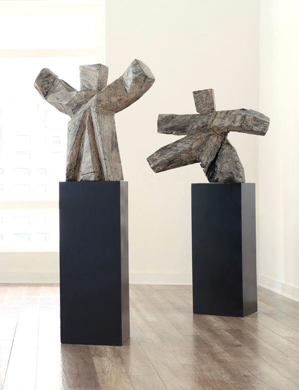 Tai Chi Kicking Sculpture on Pedestal, Gray Stone/Black