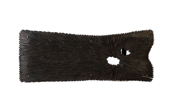 Chainsaw Dining Table with Glass, Burnt Black, Black Iron U Legs