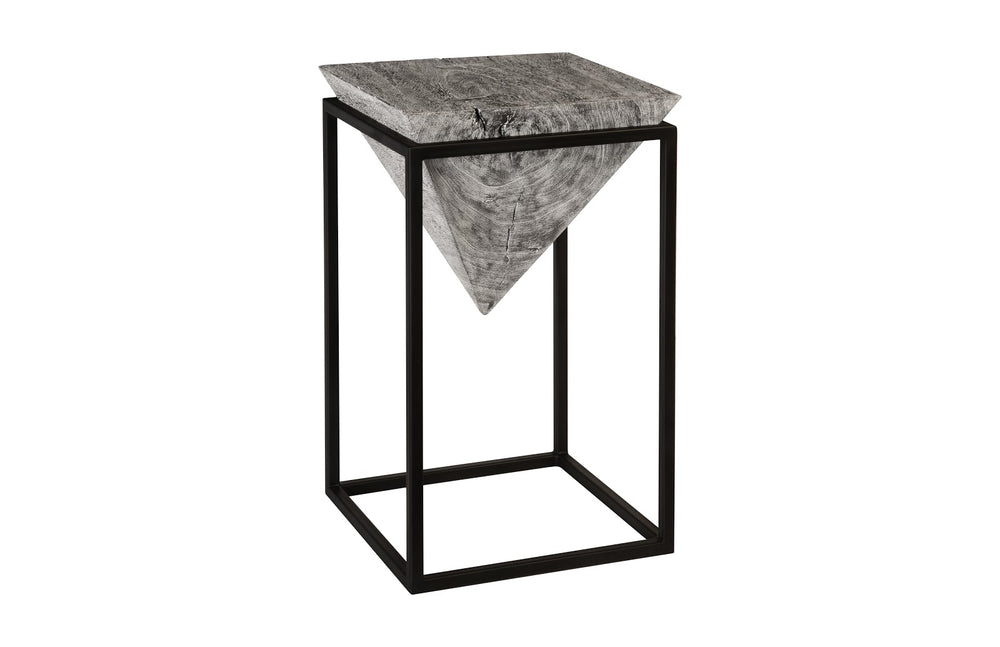 Inverted Pyramid Side Table, Gray Stone, Wood/Metal, Black, LG