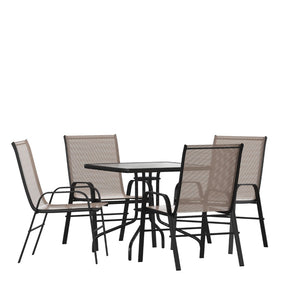 English Elm EE2562 Contemporary Commercial Grade Glass Patio Table and Chair Set Brown EEV-16278