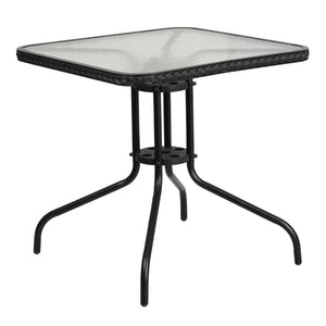 English Elm EE2566 Contemporary Commercial Grade Glass Patio Table Clear Top/Black Rattan EEV-16288