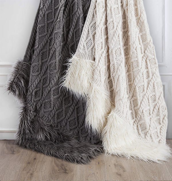 HiEnd Accents Nordic Cable Knit & Mongolian Fur Throw Blanket TR5008-OS-WH Cream 70% acrylic, 30% wool 50x80x1.18