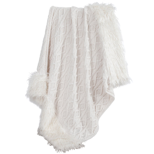 HiEnd Accents Nordic Cable Knit & Mongolian Fur Throw Blanket TR5008-OS-WH Cream 70% acrylic, 30% wool 50x80x1.18