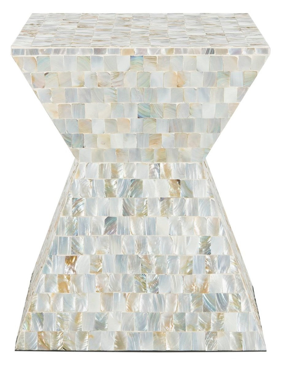 Aquamarine Contemporary Square Mosaic Stool - Luxurious Faux Mother of Pearl Side Table, Blue Decor