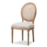 Adelia French Vintage Cottage Weathered Oak Finish Wood and Beige Fabric Upholstered Dining Side Chair with Round Cane Back