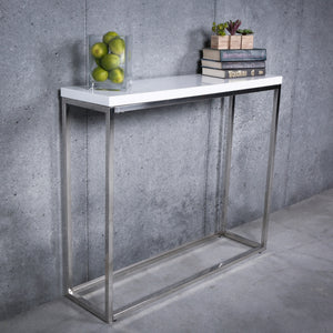 Teresa Console Table in White Lacquer with Polished Stainless Steel Frame