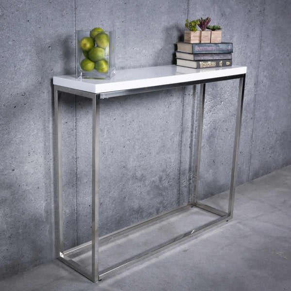 Teresa Console Table in White Lacquer with Polished Stainless Steel Frame