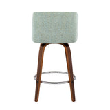 Toriano Mid-Century Modern Fixed-Height Counter Stool in Walnut Wood with Round Chrome Footrest and Light Green Fabric by LumiSource - Set of 2