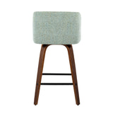 Toriano Mid-Century Modern Fixed-Height Counter Stool in Walnut Wood with Square Black Footrest and Light Green Fabric by LumiSource - Set of 2