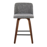 Toriano Mid-Century Modern Fixed-Height Counter Stool in Walnut Wood with Square Black Footrest and Noise Grey Fabric by LumiSource - Set of 2