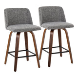 Toriano Mid-Century Modern Fixed-Height Counter Stool in Walnut Wood with Square Black Footrest and Noise Grey Fabric by LumiSource - Set of 2