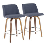 Toriano Mid-Century Modern Counter Stool in Walnut and Blue Fabric by LumiSource - Set of 2