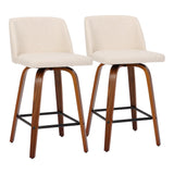 Toriano Mid-Century Modern Fixed-Height Counter Stool in Walnut Wood with Square Black Footrest and Cream Noise Fabric by LumiSource - Set of 2