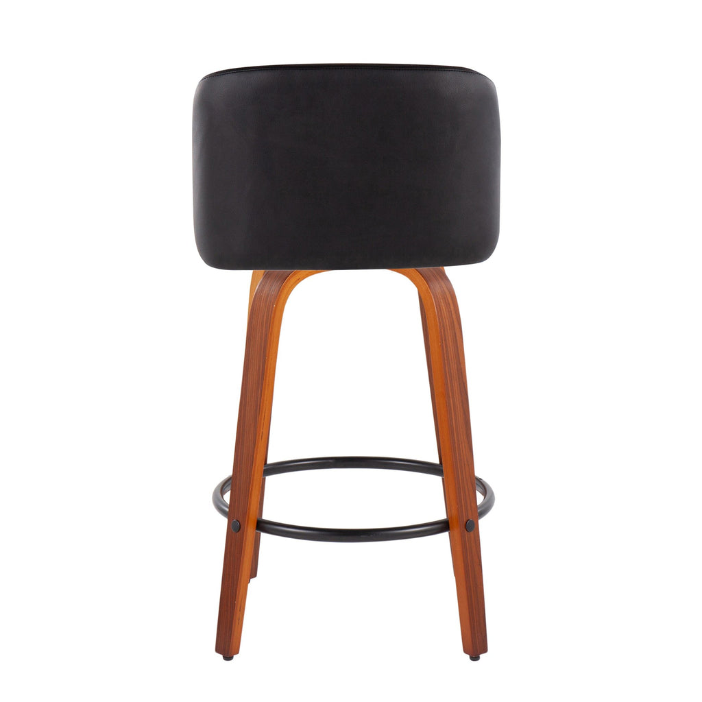 Toriano Mid-Century Modern Fixed-Height Counter Stool in Walnut Wood with Round Black Footrest and Black Faux Leather by LumiSource - Set of 2