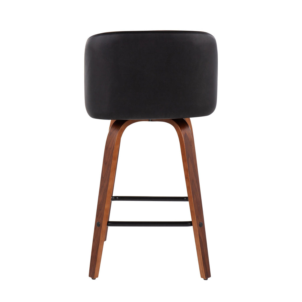 Toriano Mid-Century Modern Fixed-Height Counter Stool in Walnut Wood with Square Black Footrest and Black Faux Leather by LumiSource - Set of 2