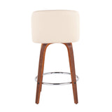 Toriano Mid-Century Modern Fixed-Height Counter Stool in Walnut Wood with Round Chrome Footrest and Cream Faux Leather by LumiSource - Set of 2