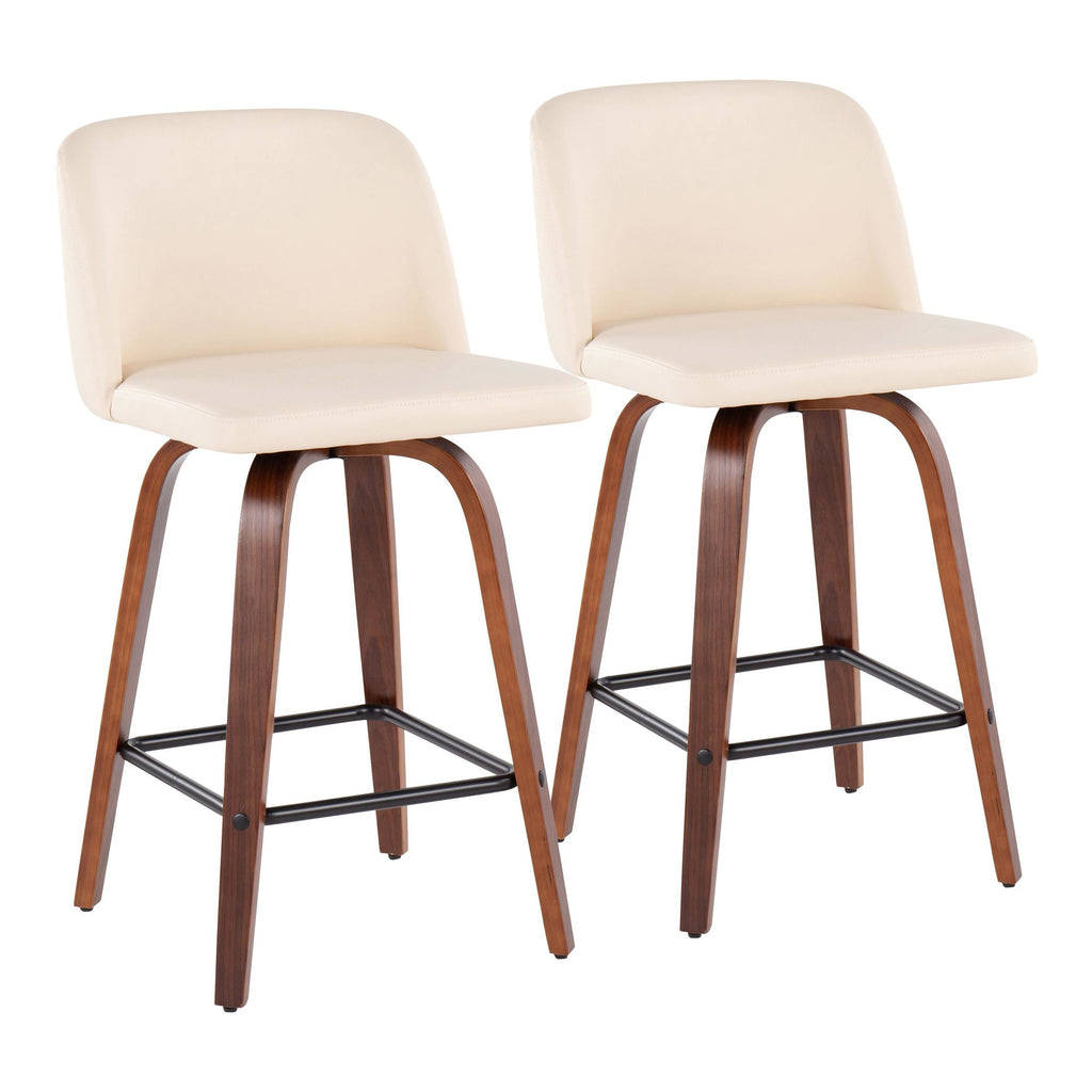 Toriano Mid-Century Modern Fixed-Height Counter Stool in Walnut Wood with Square Black Footrest and Cream Faux Leather by LumiSource - Set of 2