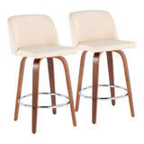 Toriano Mid-Century Modern Fixed-Height Counter Stool in Walnut Wood with Round Chrome Footrest and Cream Faux Leather by LumiSource - Set of 2