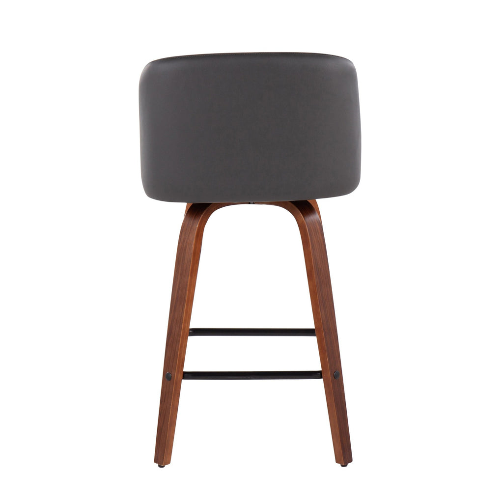 Toriano Mid-Century Modern Fixed-Height Counter Stool in Walnut Wood with Square Black Footrest and Grey Faux Leather by LumiSource - Set of 2