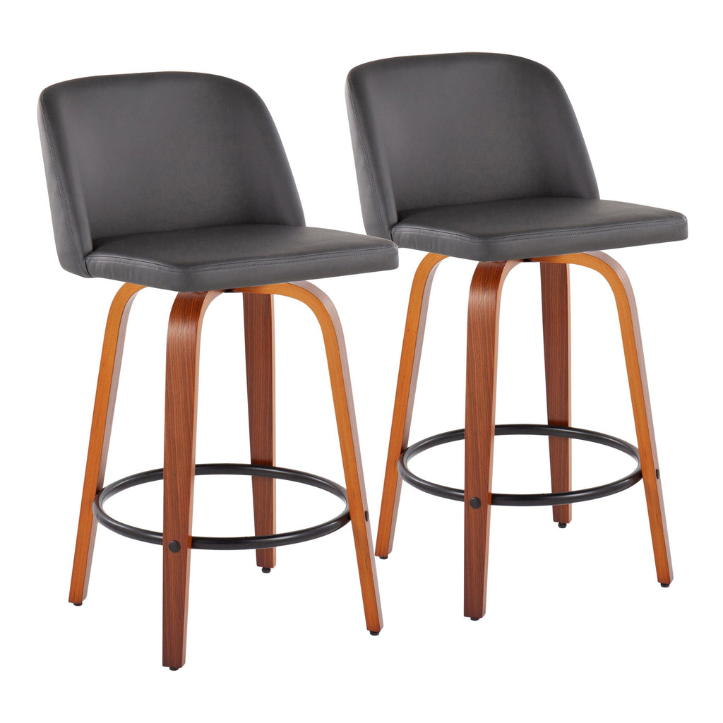 Toriano Mid-Century Modern Fixed-Height Counter Stool in Walnut Wood with Round Black Footrest and Grey Faux Leather by LumiSource - Set of 2